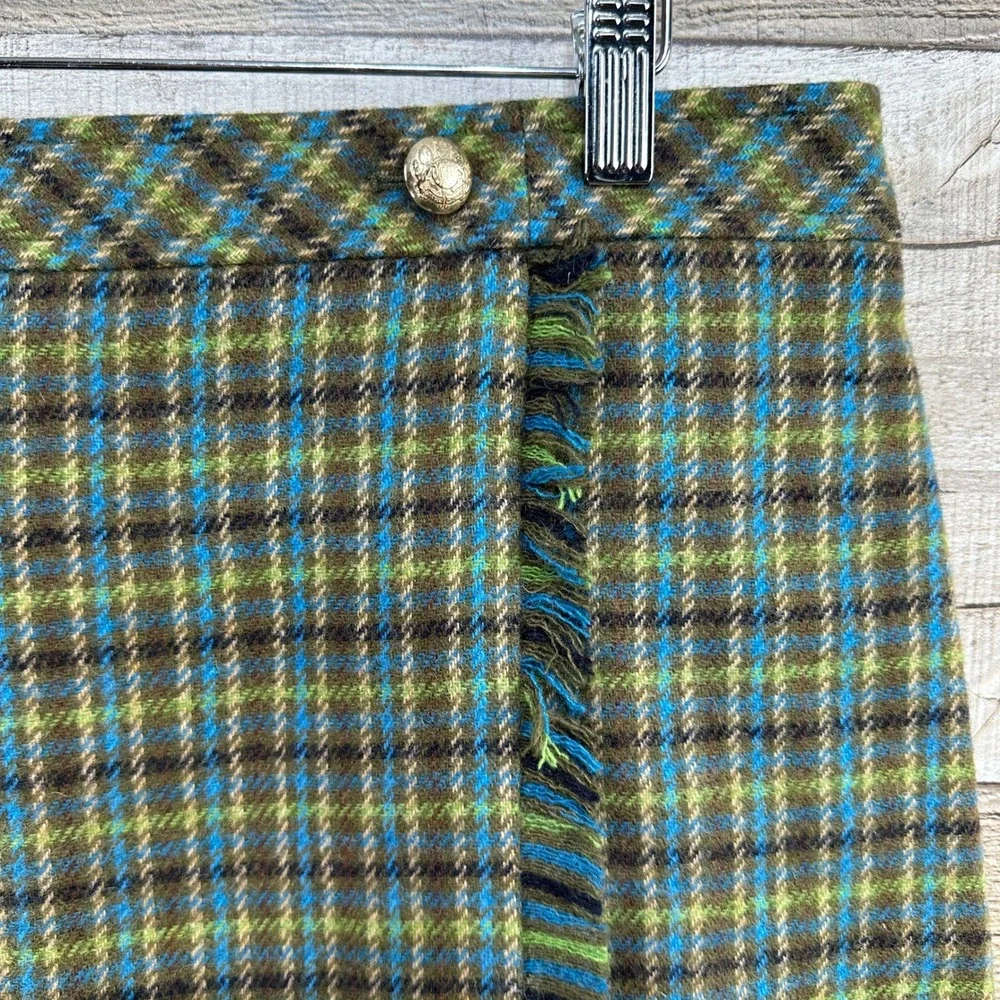 Talbots Petite Wool Blend Faux Wrap‎ Fringe Plaid Skirt Olive Blue Green 10P